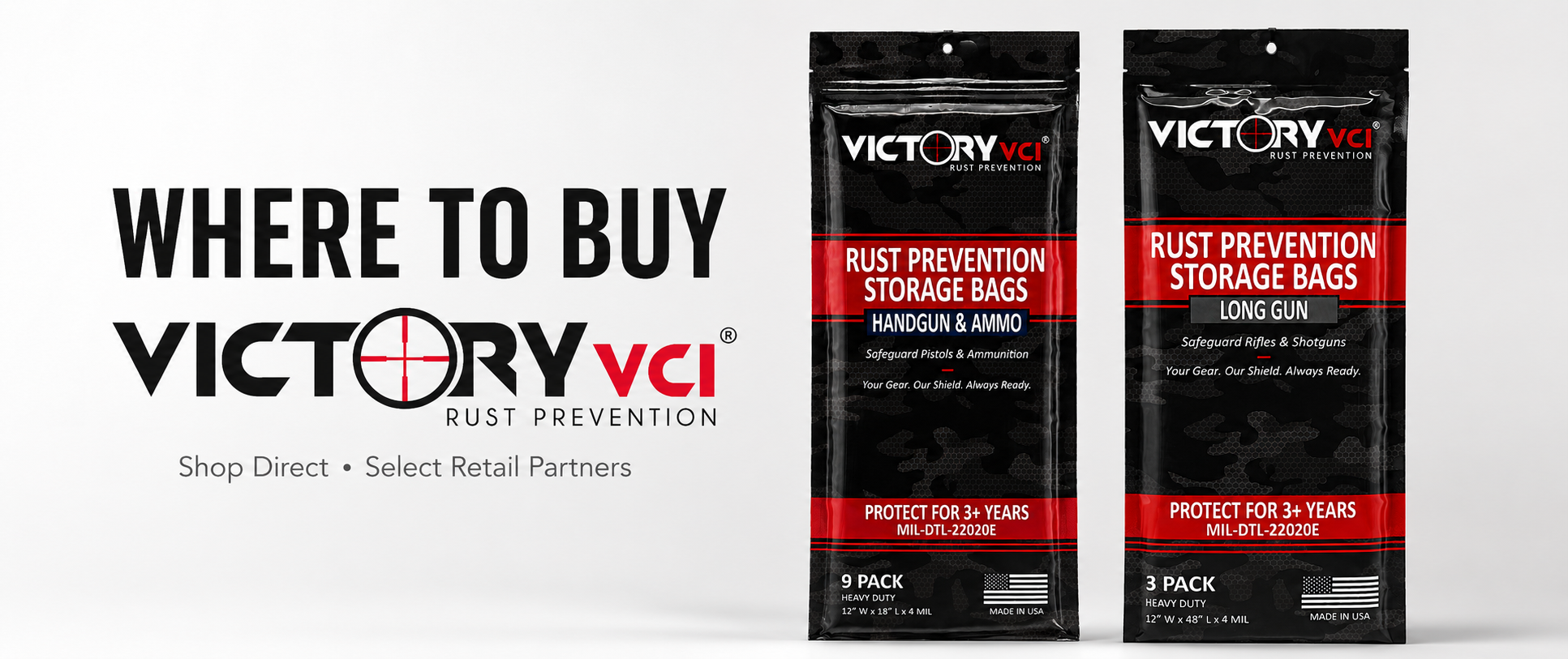 Where to buy Victory VCI rust prevention storage bags, showcasing options to shop direct or through authorized retail partners.