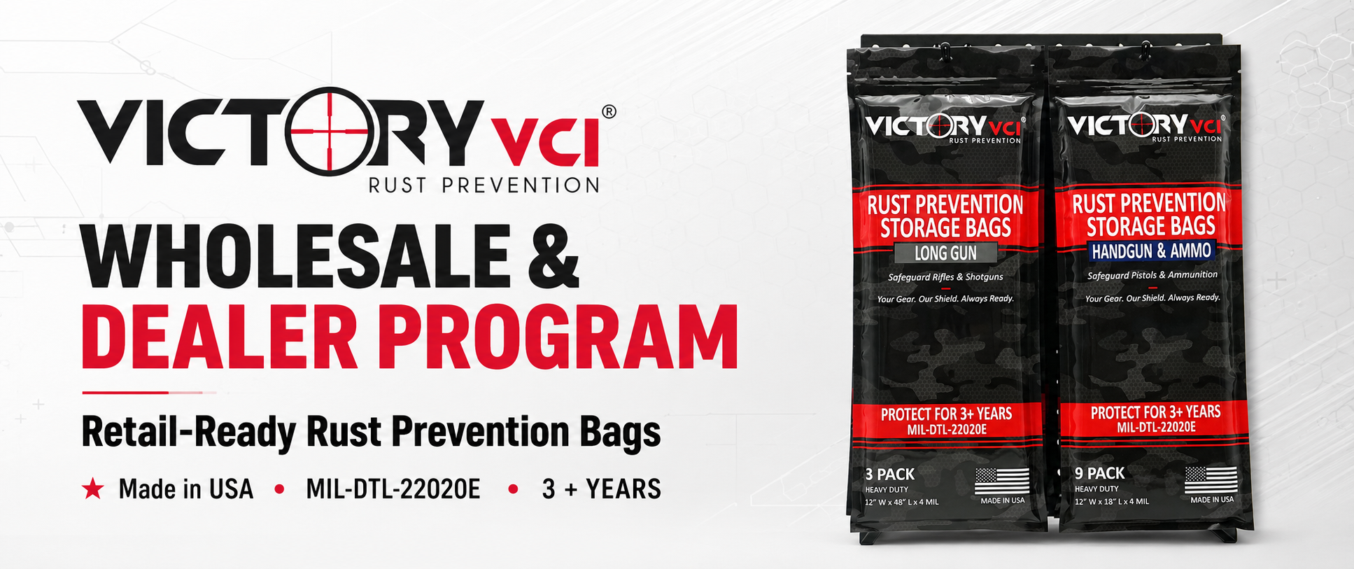 Victory VCI wholesale program hero image featuring retail-ready rust prevention bags for retailers, ranges, and distributors.